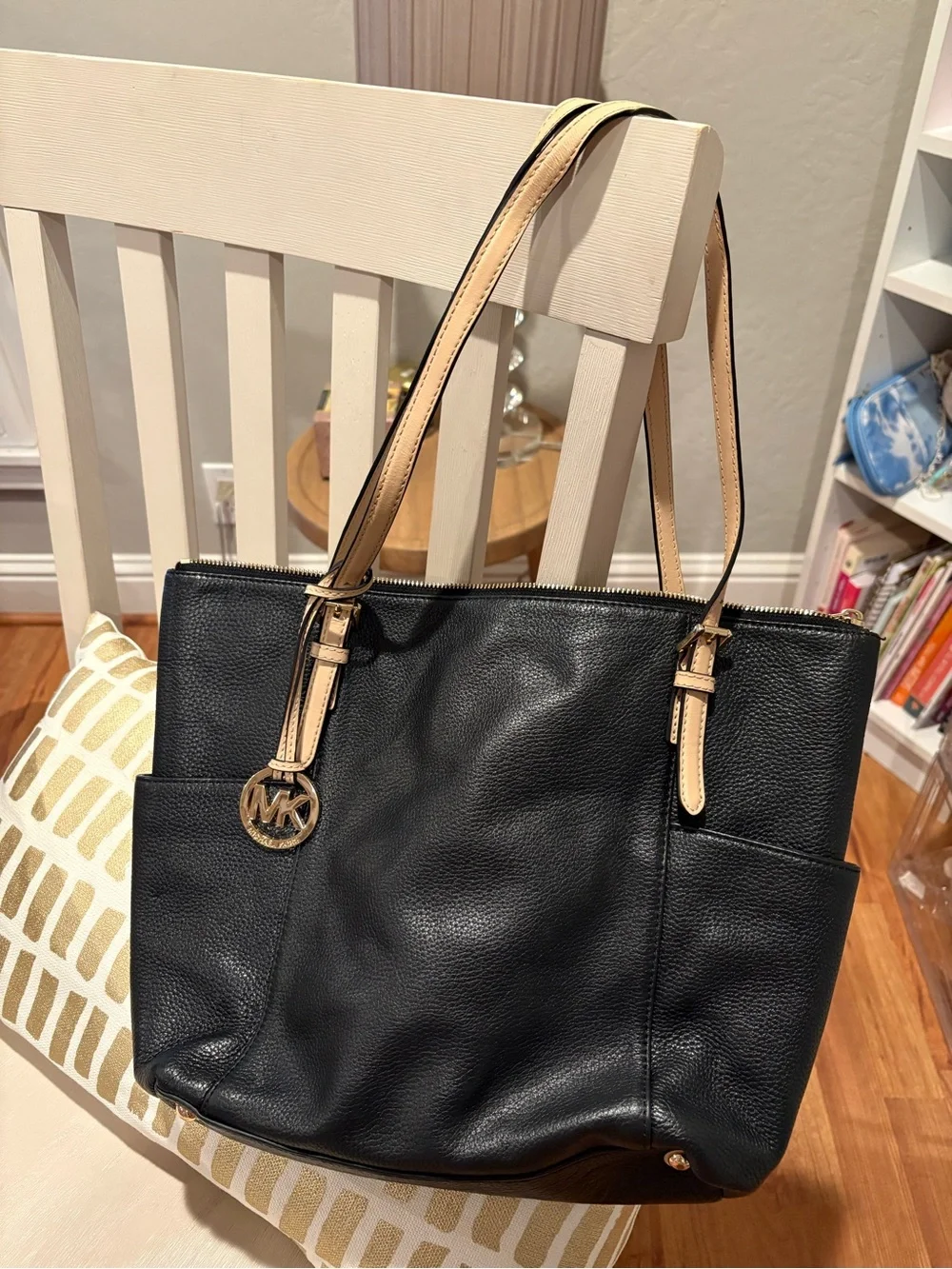Michael Kors Black Leather Tote with Tan Straps and Gold MK Charm
